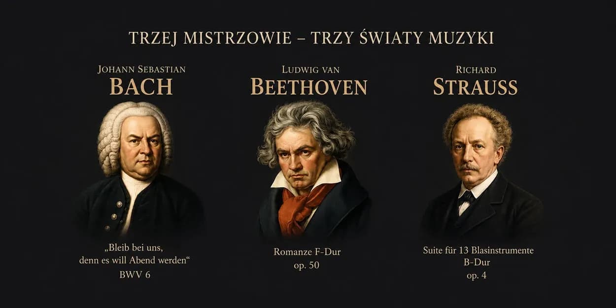 Portraits of composers Johann Sebastian Bach, Ludwig van Beethoven, and Richard Strauss are displayed on a dark background.